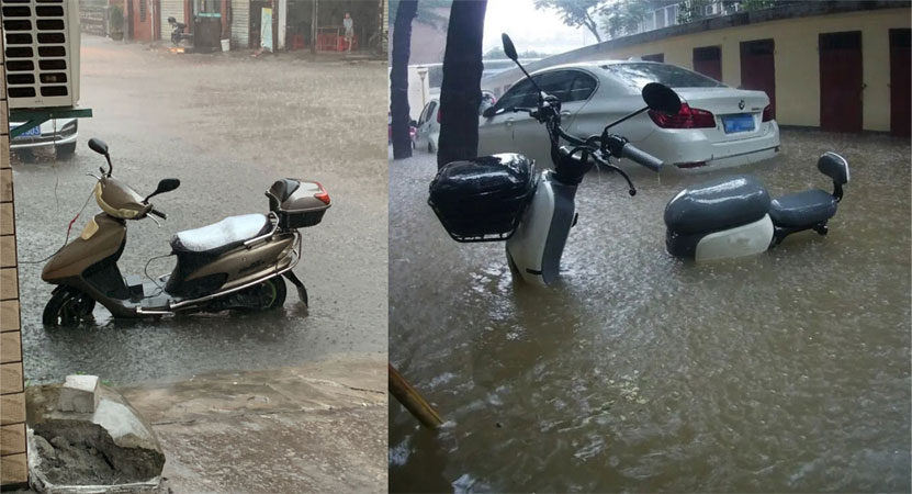 Electric motorcycles are easily soaked in water during heavy rain